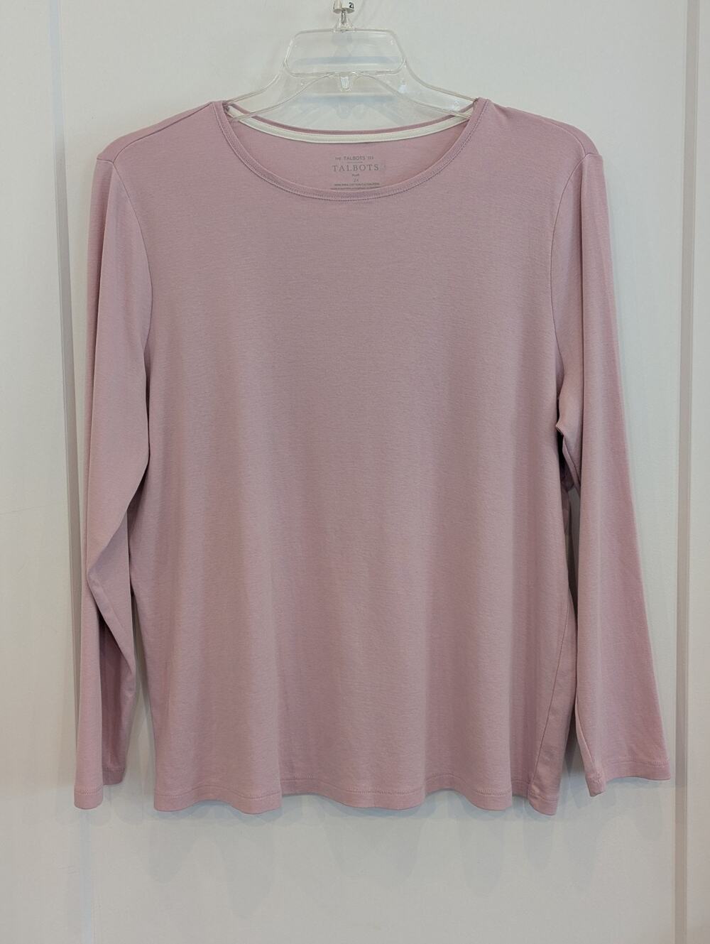 Womens Top-TALBOTS-pink 100% cotton knit round neck Classic long sleeve-2X